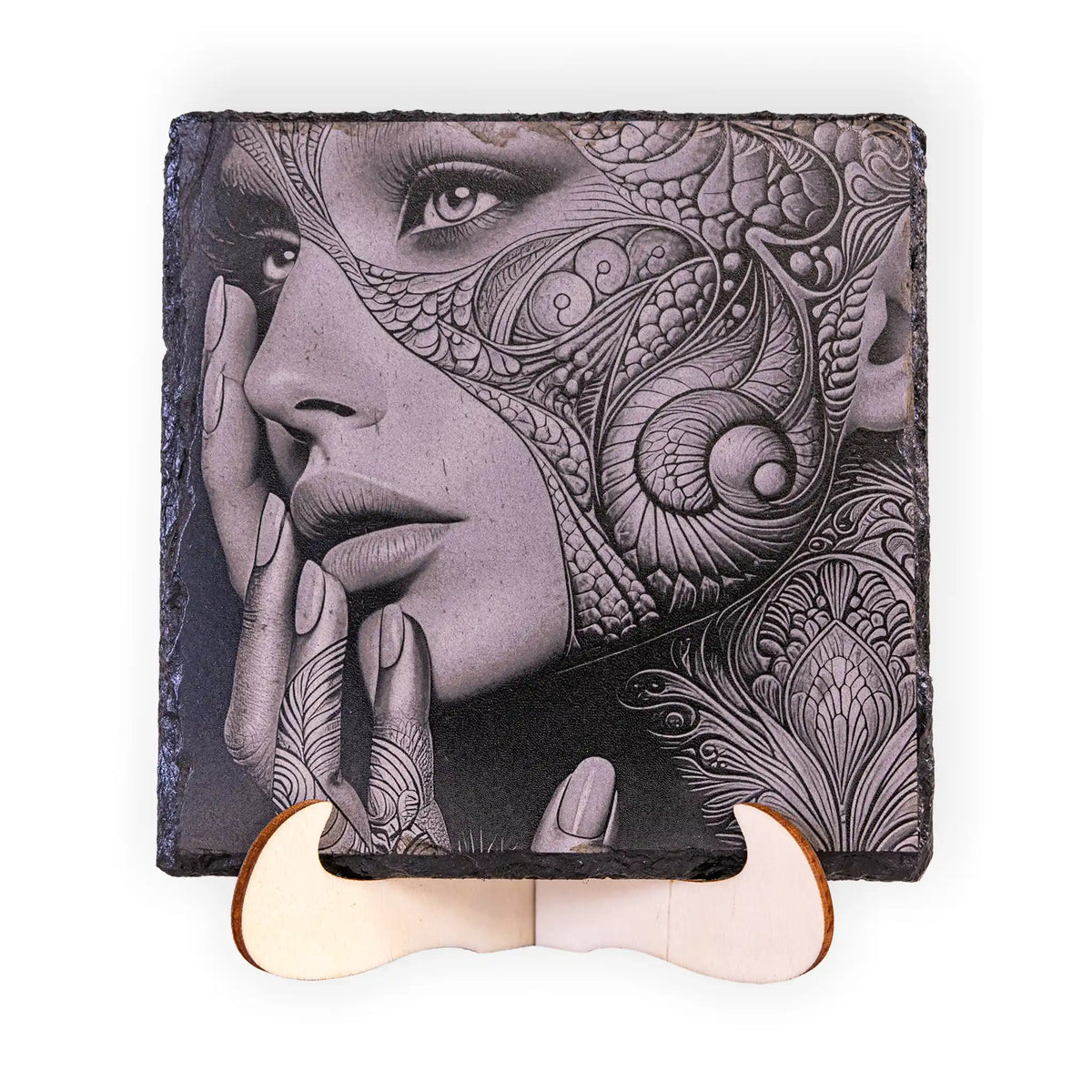 Tattooed Woman Portrait Engraved Slate Coaster – Ornamental Tattoo Art