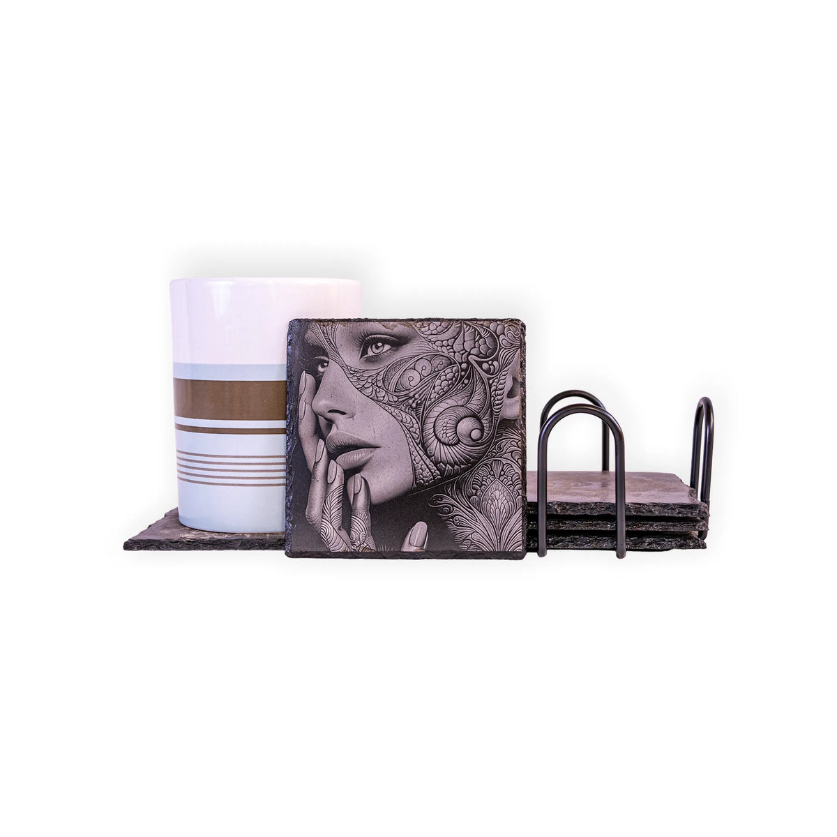 Tattooed Woman Portrait Engraved Slate Coaster – Ornamental Tattoo Art