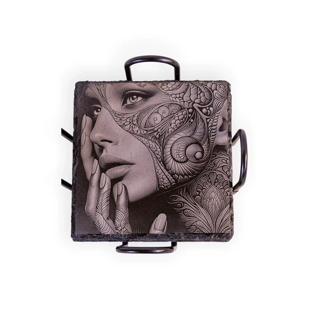 Tattooed Woman Portrait Engraved Slate Coaster – Ornamental Tattoo Art