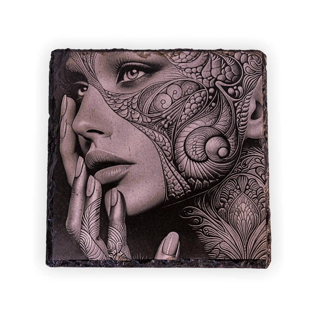 Tattooed Woman Portrait Engraved Slate Coaster – Ornamental Tattoo Art