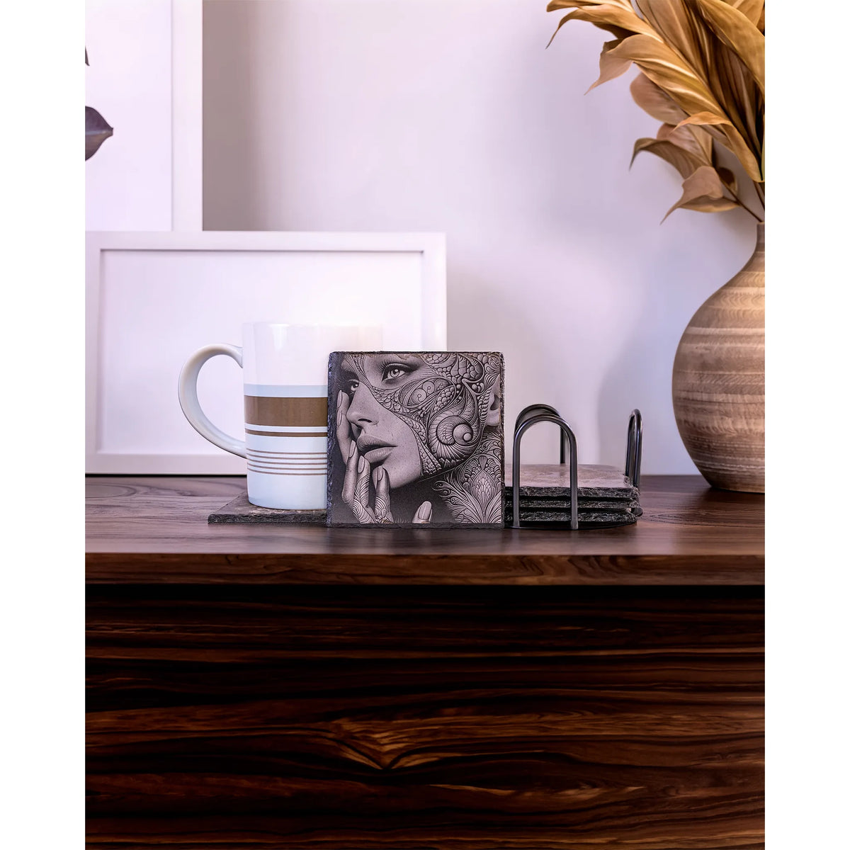 Tattooed Woman Portrait Engraved Slate Coaster – Ornamental Tattoo Art