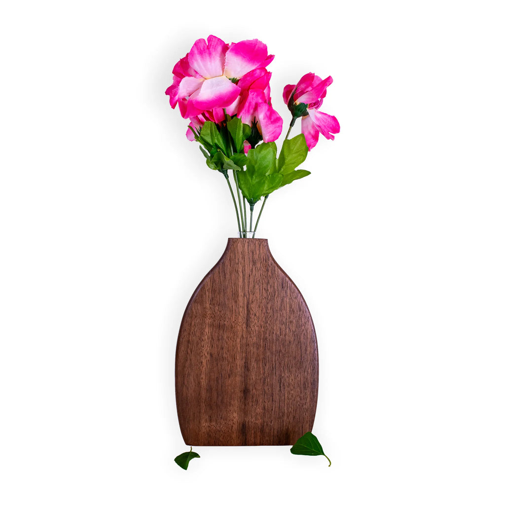 Solid Walnut Wood Vase with Glass Insert – Sculptural Flower Décor