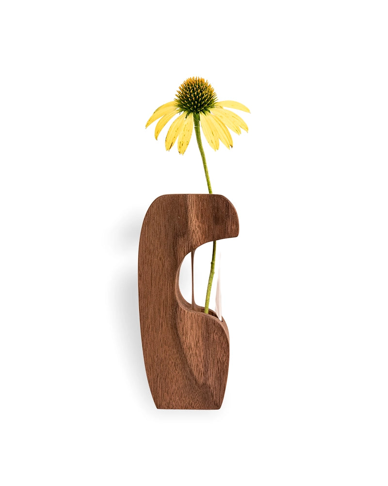 Sculptural Wooden Single-Stem Bud Vase with Glass Tube